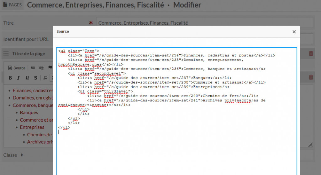 Exemple du code html structurant les collections en arborescence.